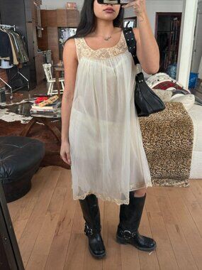 80s 90s Vintage Cream Lace Babydoll Dress Sheer Coquette Romantic